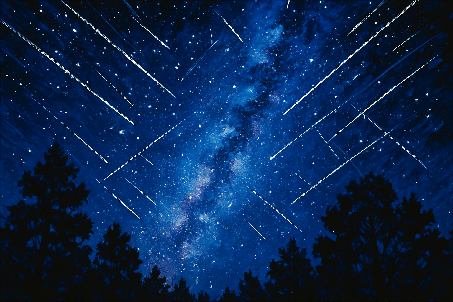 Ilustración de muchas estelas de meteoros que cruzan la Vía Láctea sobre las siluetas de unos árboles