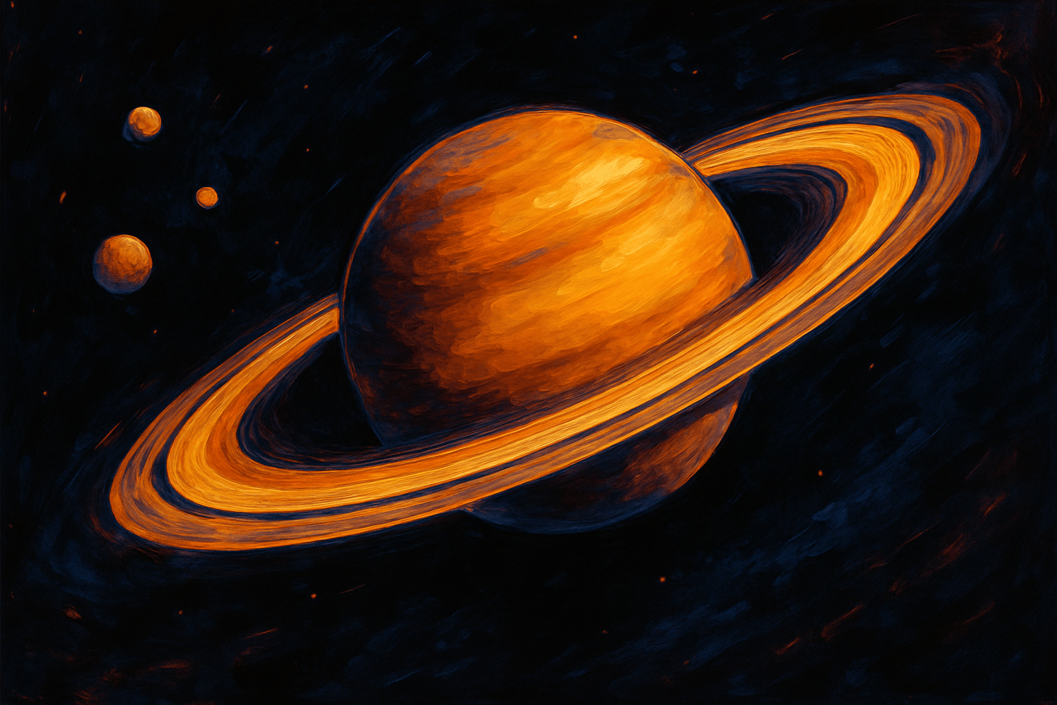 Ilustración pictórica de Saturno con sus anillos anaranjados y algunas lunas