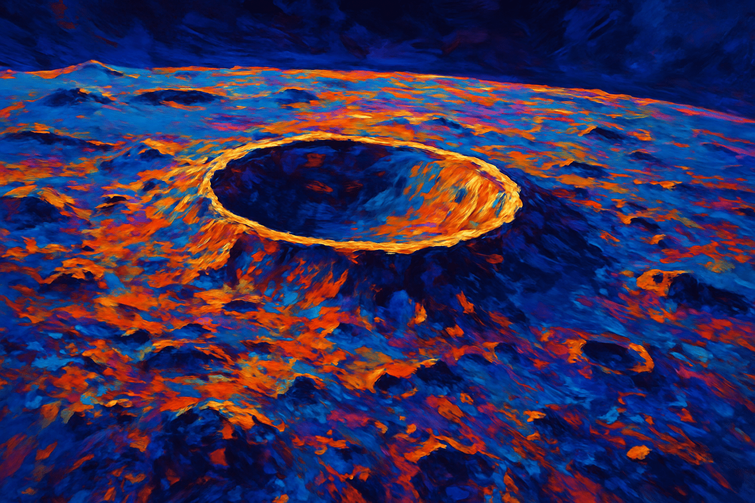 Ilustración de colores vivos de un cráter sobre una superficie azul y anaranjada