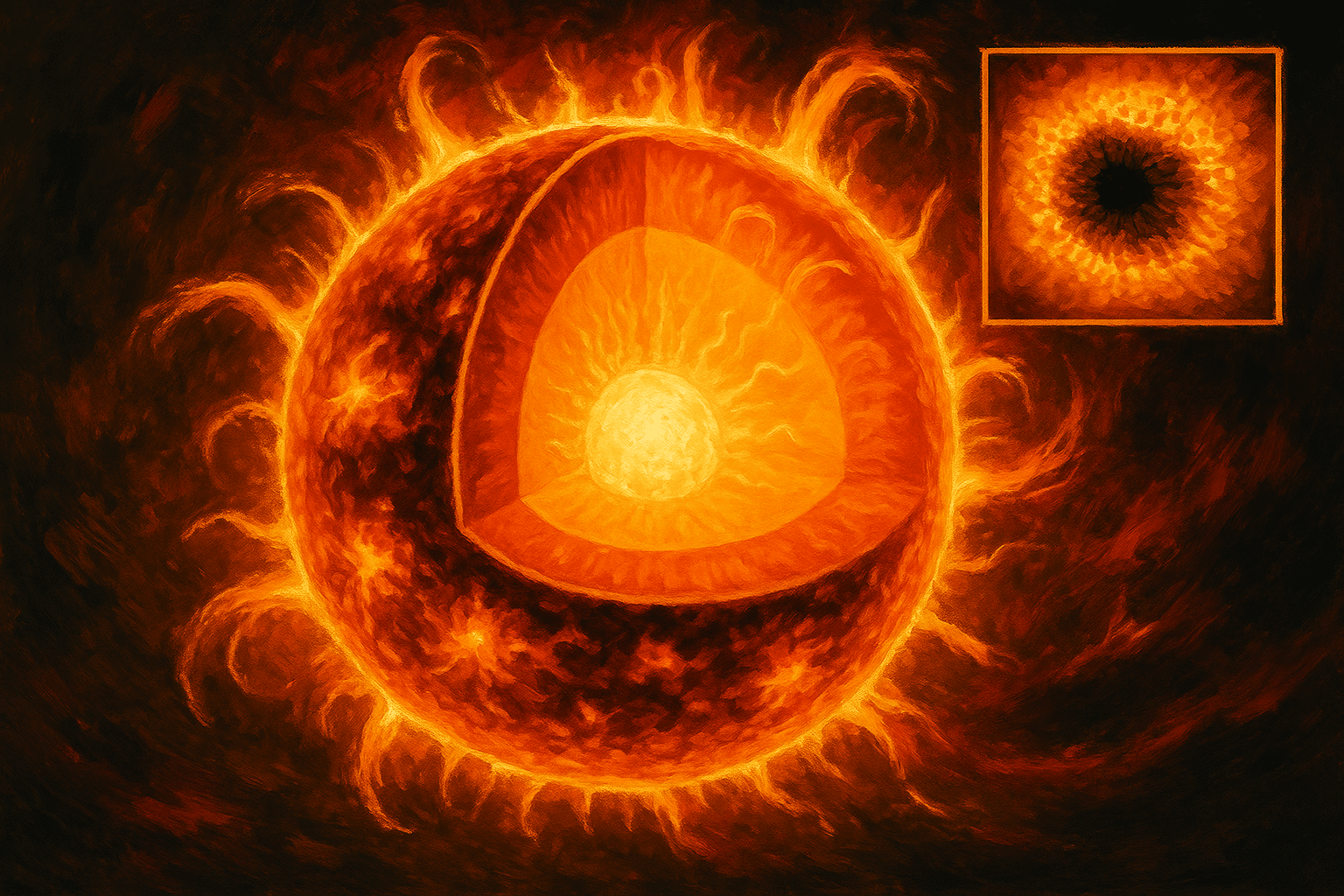 Ilustración de una estrella cortada que deja ver sus capas internas incandescentes