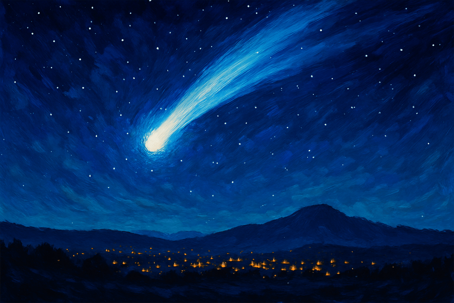 Ilustración pictórica de un cometa que cruza un cielo estrellado sobre montañas y las luces de un pueblo