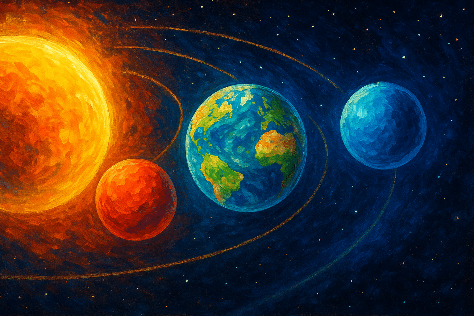 Ilustración pictórica del Sol, un planeta rojizo, la Tierra y un planeta azul en sus órbitas