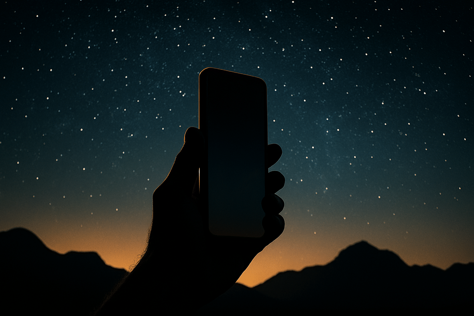 Mano que sostiene un teléfono frente a un cielo estrellado al anochecer, sobre la silueta de unas montañas