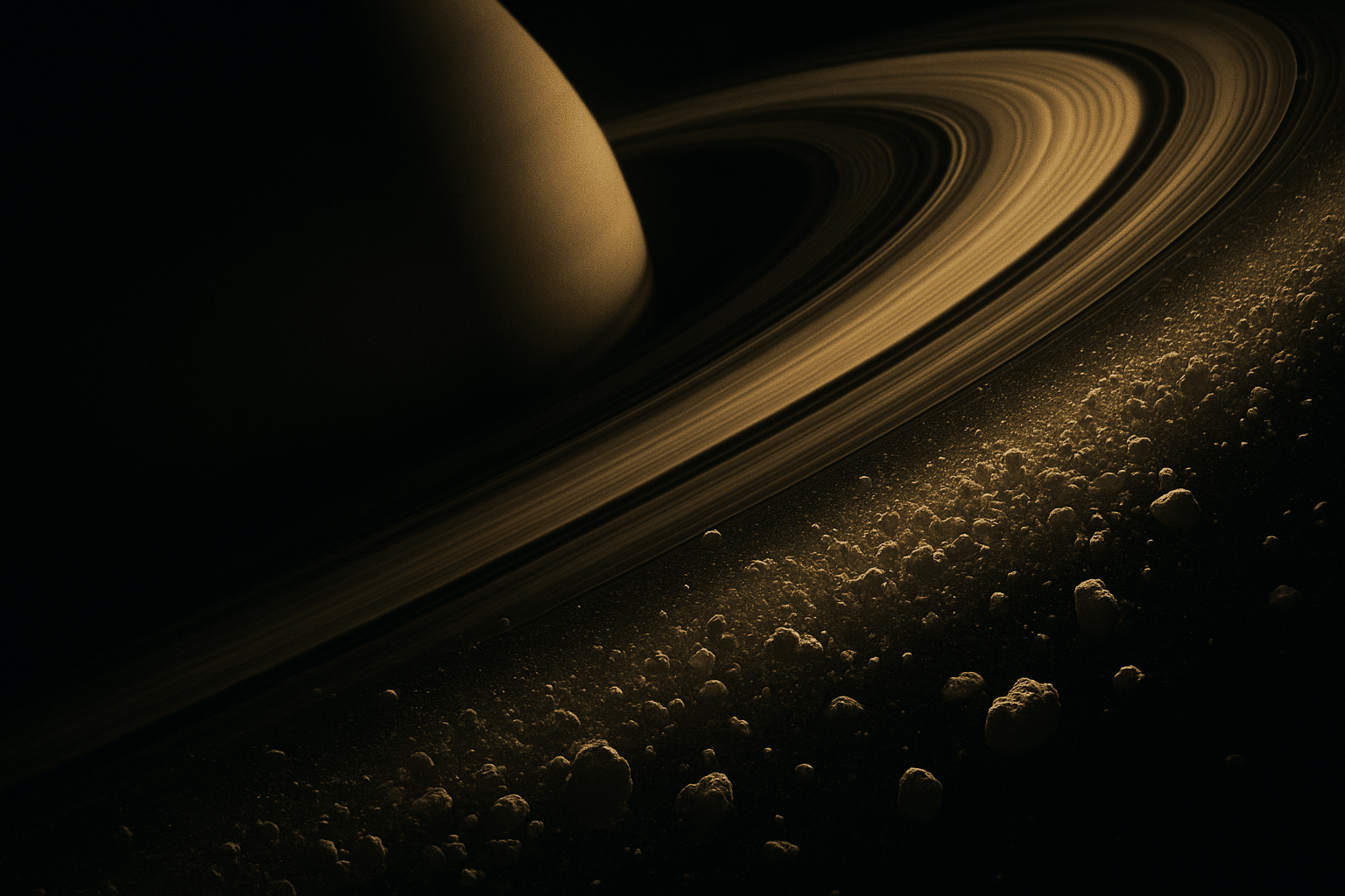 Ilustración de los anillos de Saturno vistos de cerca, con fragmentos de roca y hielo