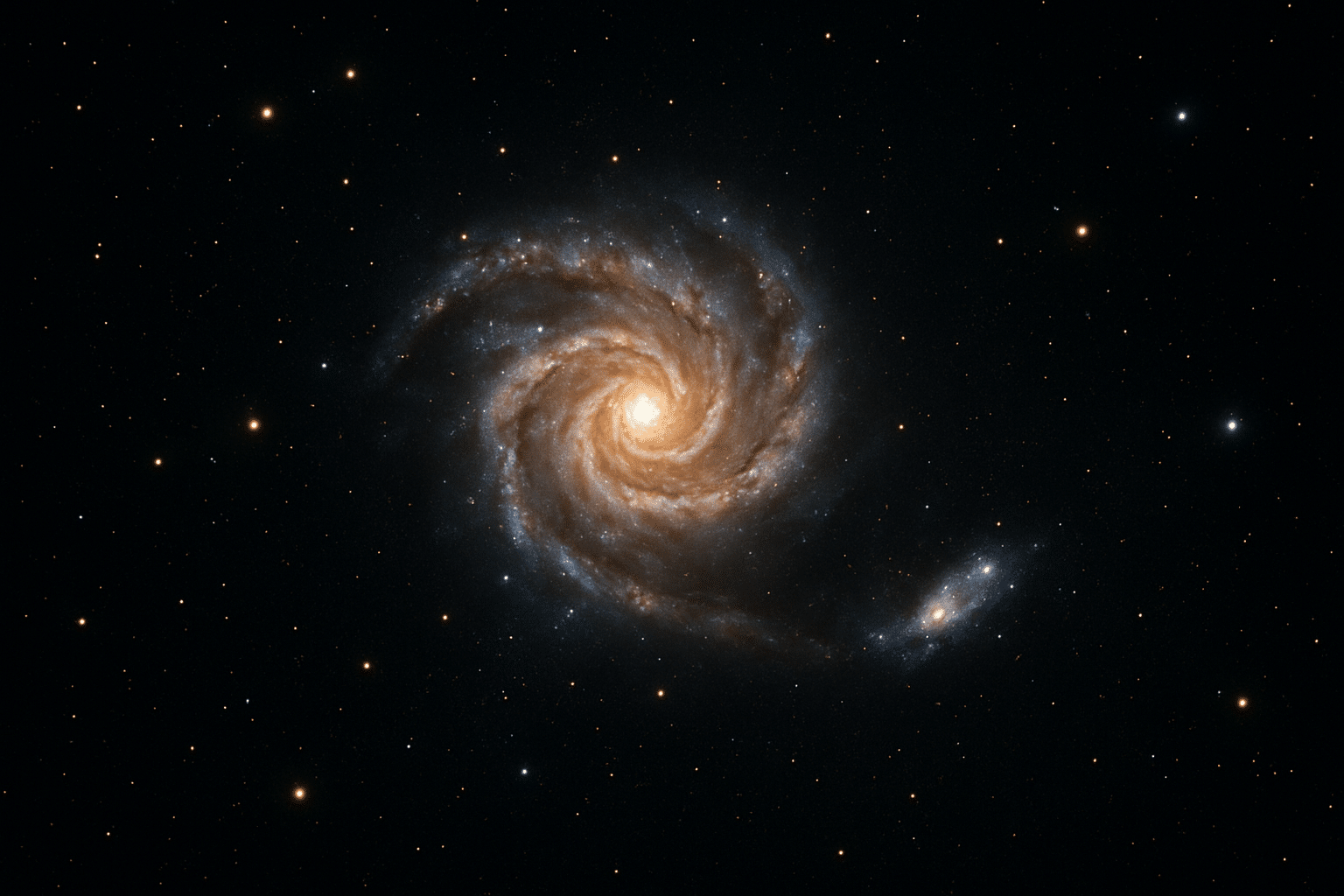 Galaxia espiral con su núcleo brillante y una galaxia más pequeña a su lado