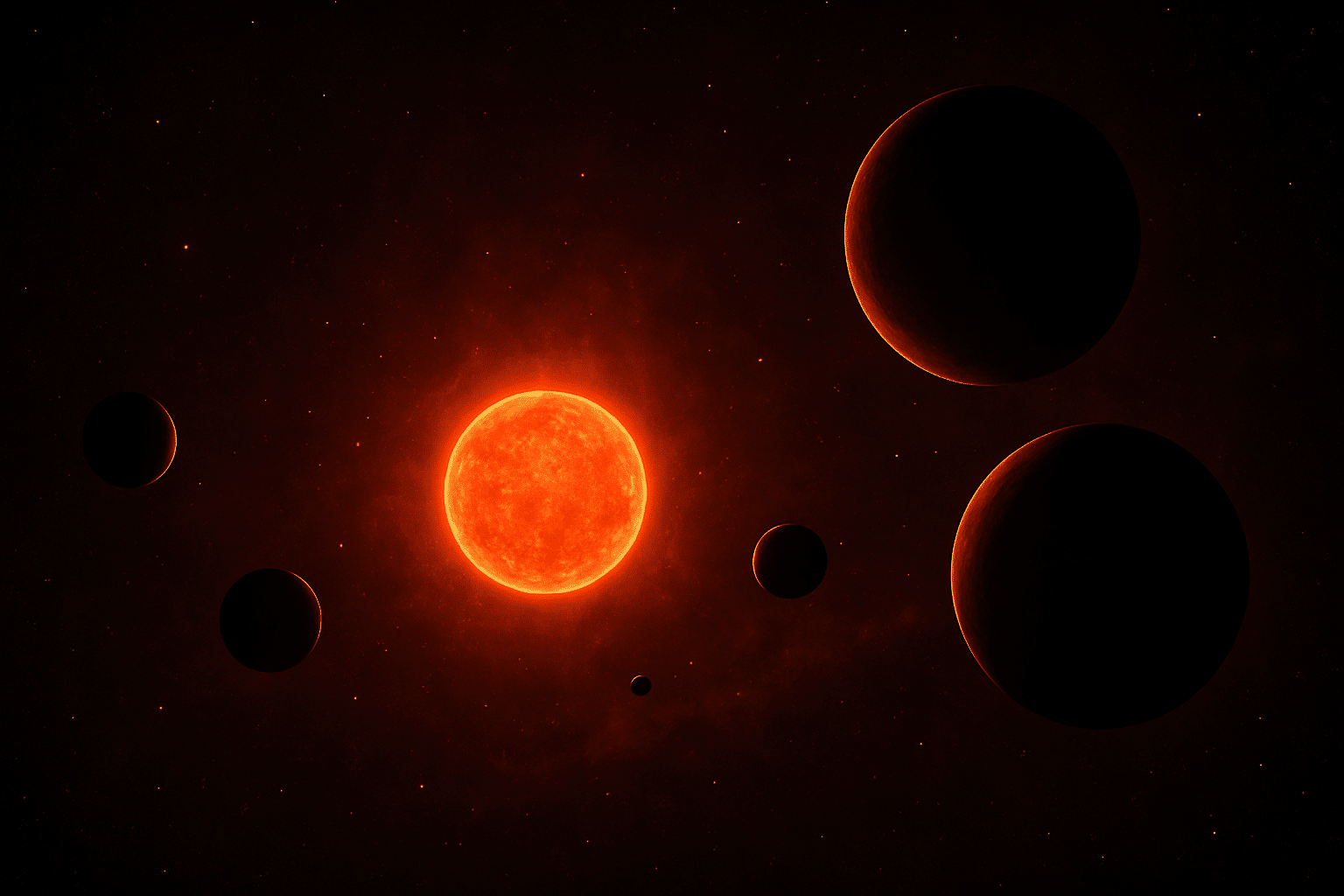 Estrella roja brillante rodeada de varios planetas oscuros en el espacio