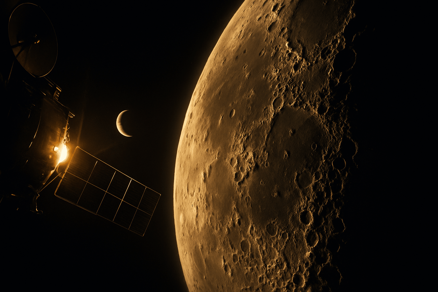 Ilustración de una nave espacial con paneles solares cerca de la superficie llena de cráteres de la Luna