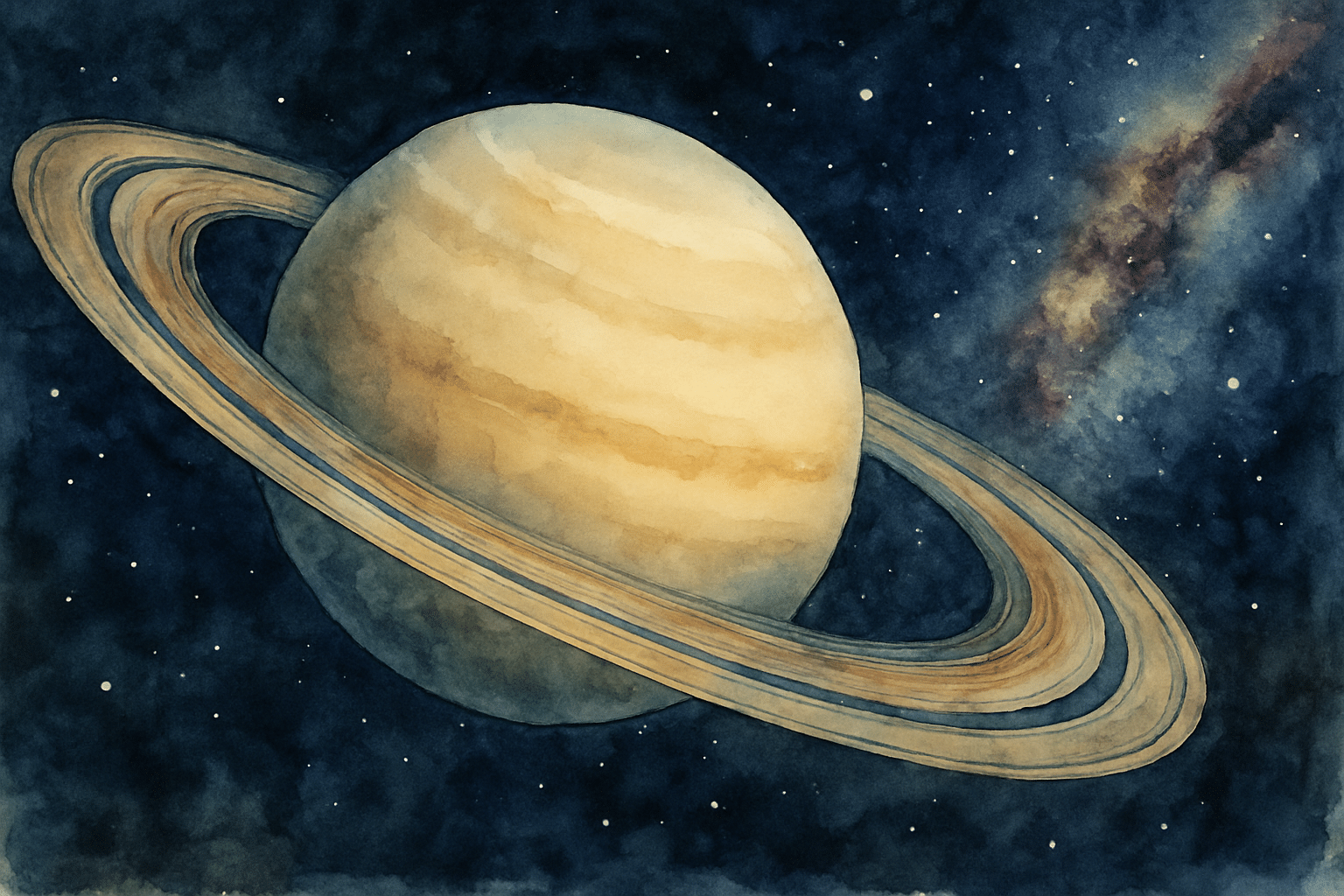 Ilustración de Saturno y sus anillos sobre un cielo con estrellas y la Vía Láctea