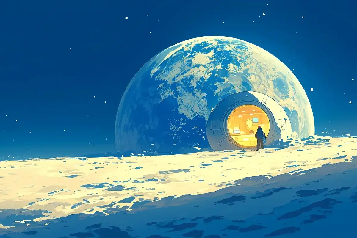 Ilustración de una persona en la entrada iluminada de un hábitat con cúpula sobre una superficie helada, con un planeta grande al fondo