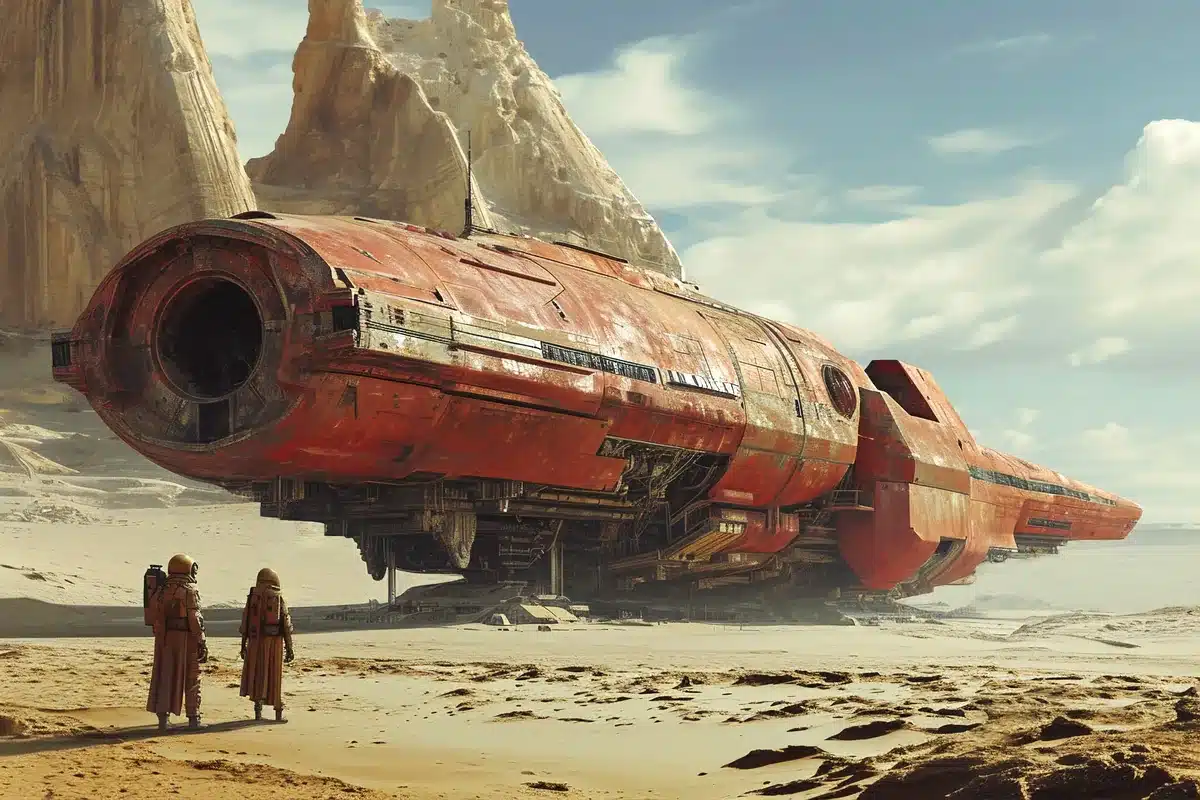 Ilustración de una gran nave roja posada en un desierto junto a dos figuras con túnicas