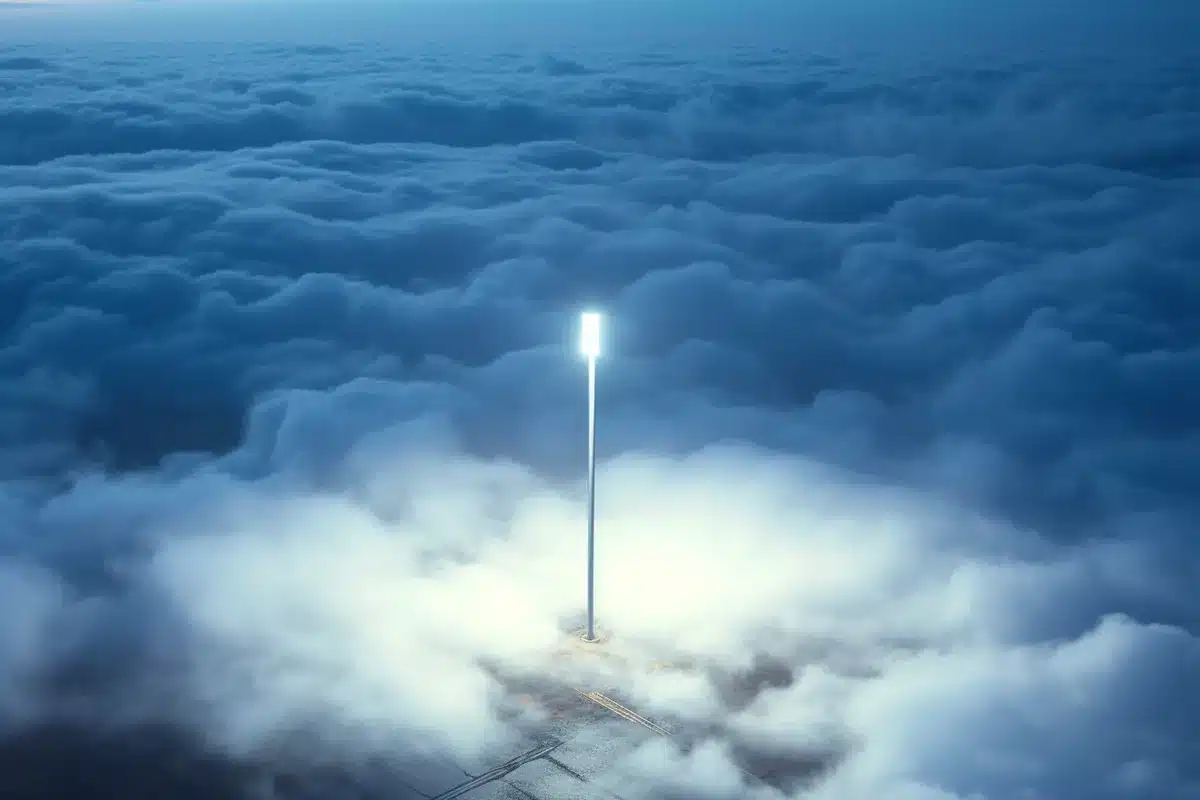 Torre delgada iluminada que se eleva sobre un mar de nubes