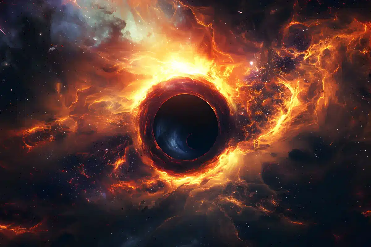 Ilustración de un agujero negro rodeado de gas incandescente anaranjado en el espacio