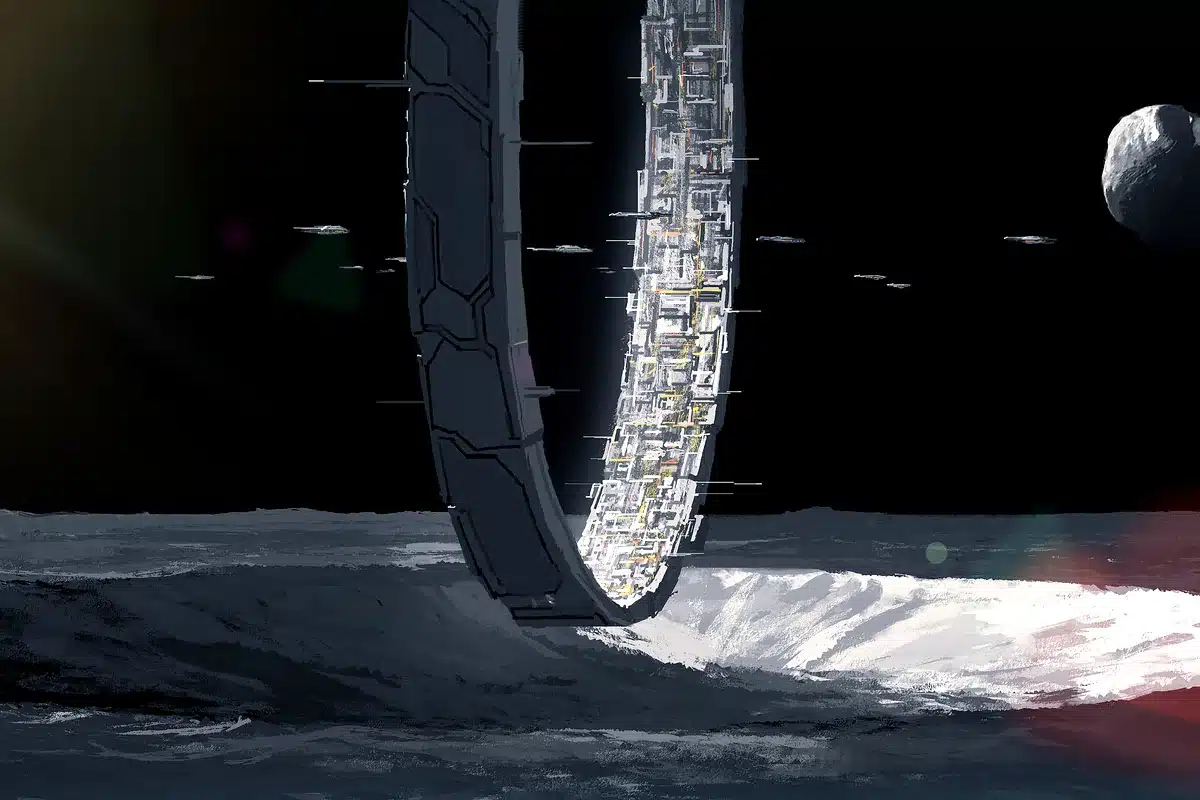Ilustración de una gigantesca estructura en forma de anillo que se eleva sobre una superficie con cráteres