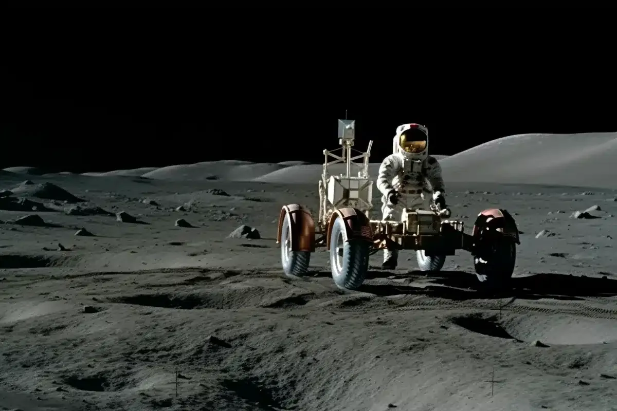 Astronauta a bordo de un vehículo lunar sobre la superficie gris de la Luna