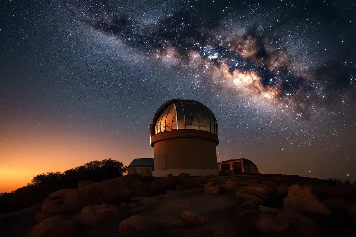 Observatorio de cúpula sobre una colina rocosa al anochecer, bajo la Vía Láctea