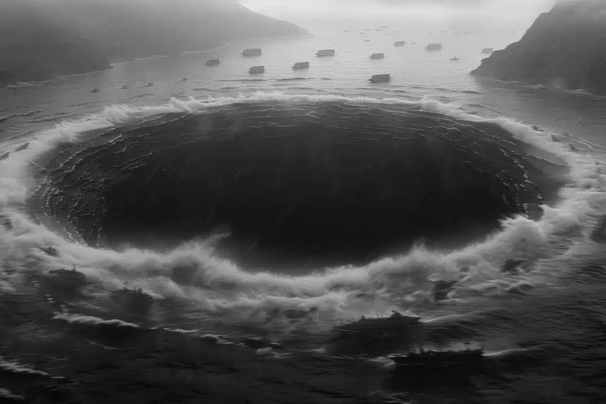 Ilustración en blanco y negro de un gran remolino que se abre en el mar, con barcos a lo lejos