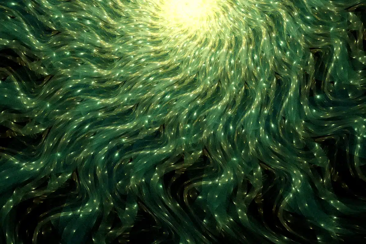 Ilustración de filamentos verdes que giran en espiral hacia una luz brillante