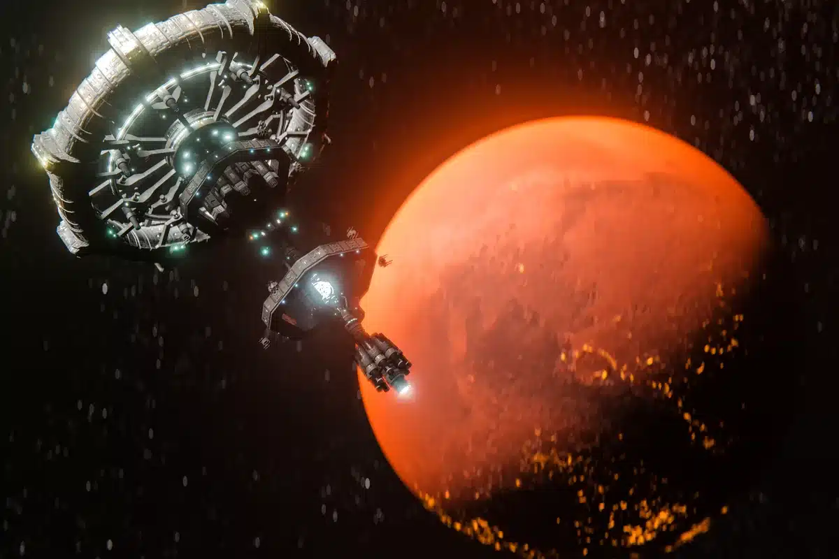 Ilustración de una estación espacial y una nave que se acercan a Marte
