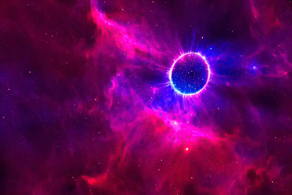 Ilustración de una esfera azul luminosa en el centro de una nebulosa rosa y violeta