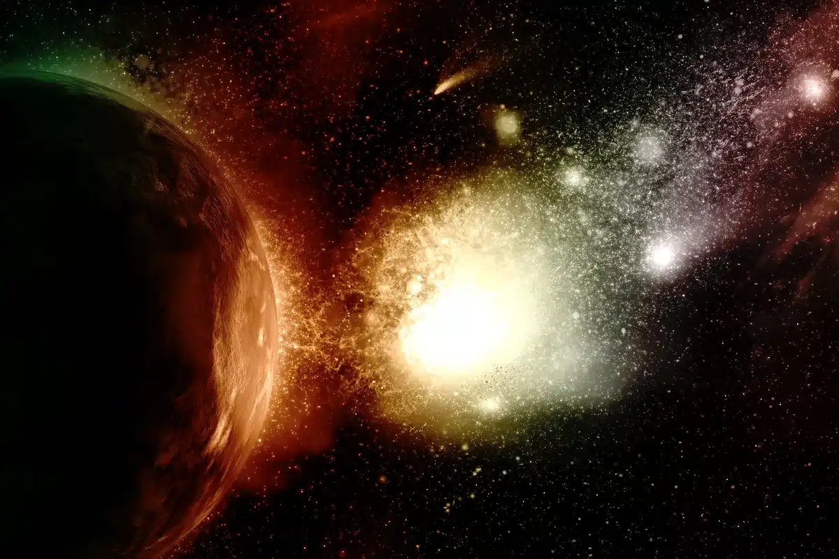 Estallido de luz y polvo de estrellas junto al borde de un planeta