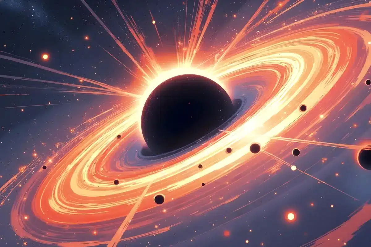 Ilustración de un planeta oscuro rodeado de anillos de luz anaranjada y rosada