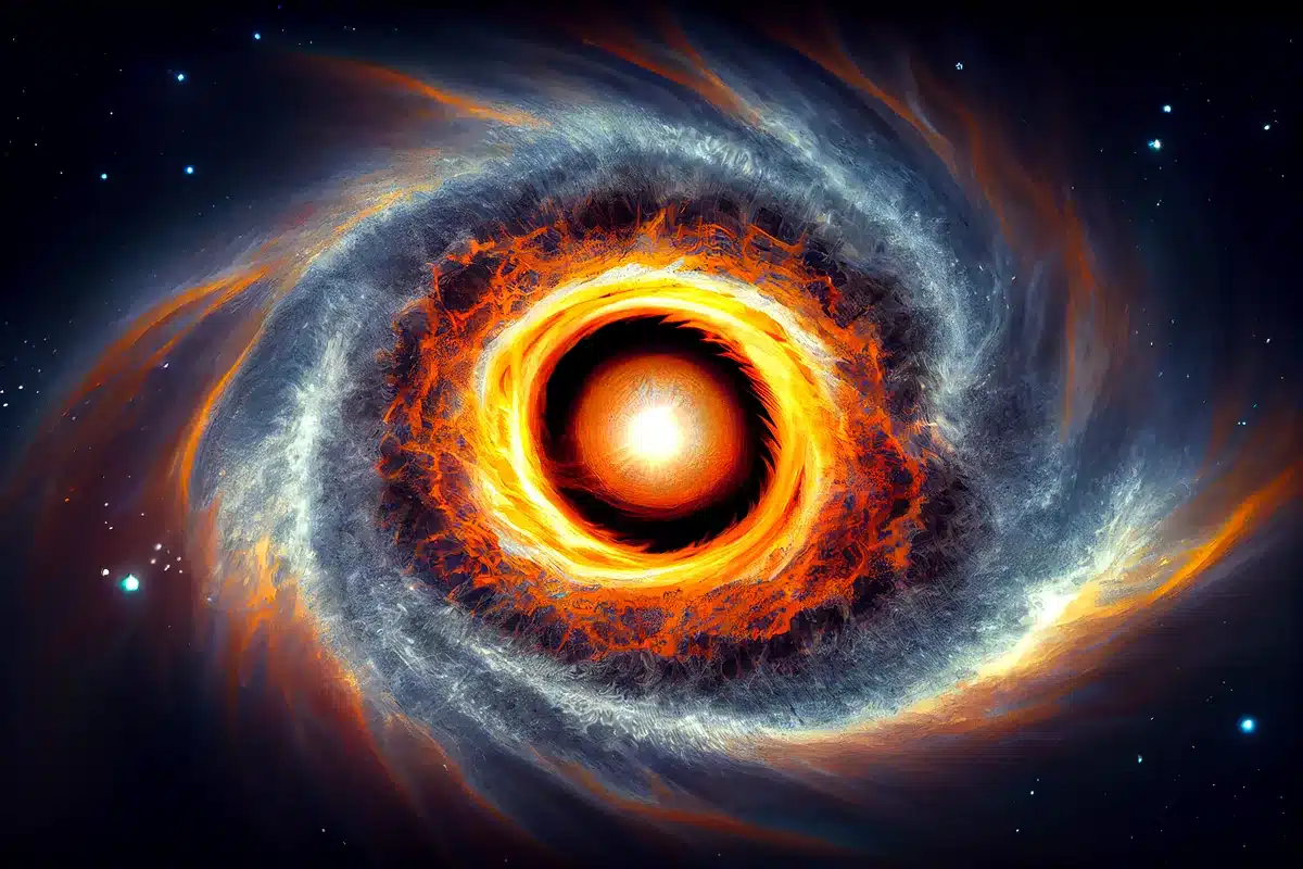 Ilustración de un agujero negro con un disco de gas anaranjado en espiral rodeado de nubes grises