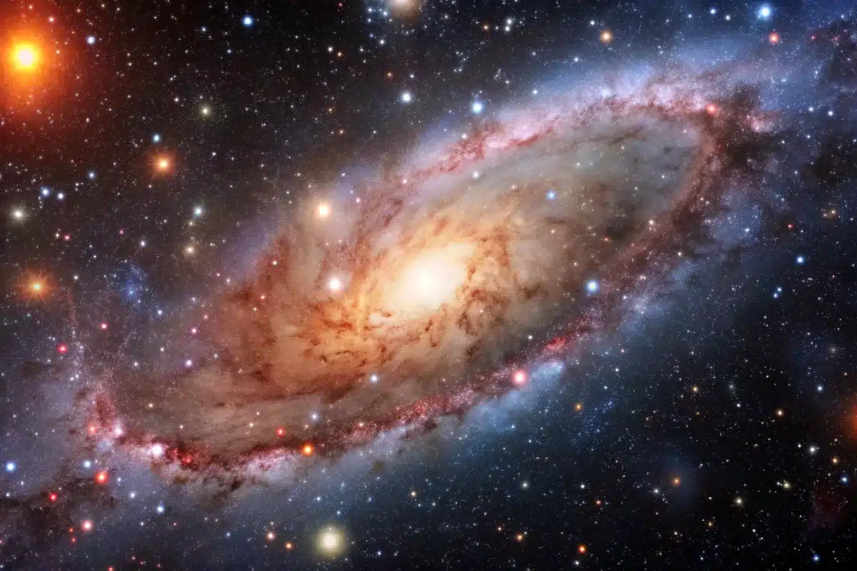 Galaxia espiral inclinada, con brazos de polvo rojizo y un núcleo brillante, entre estrellas