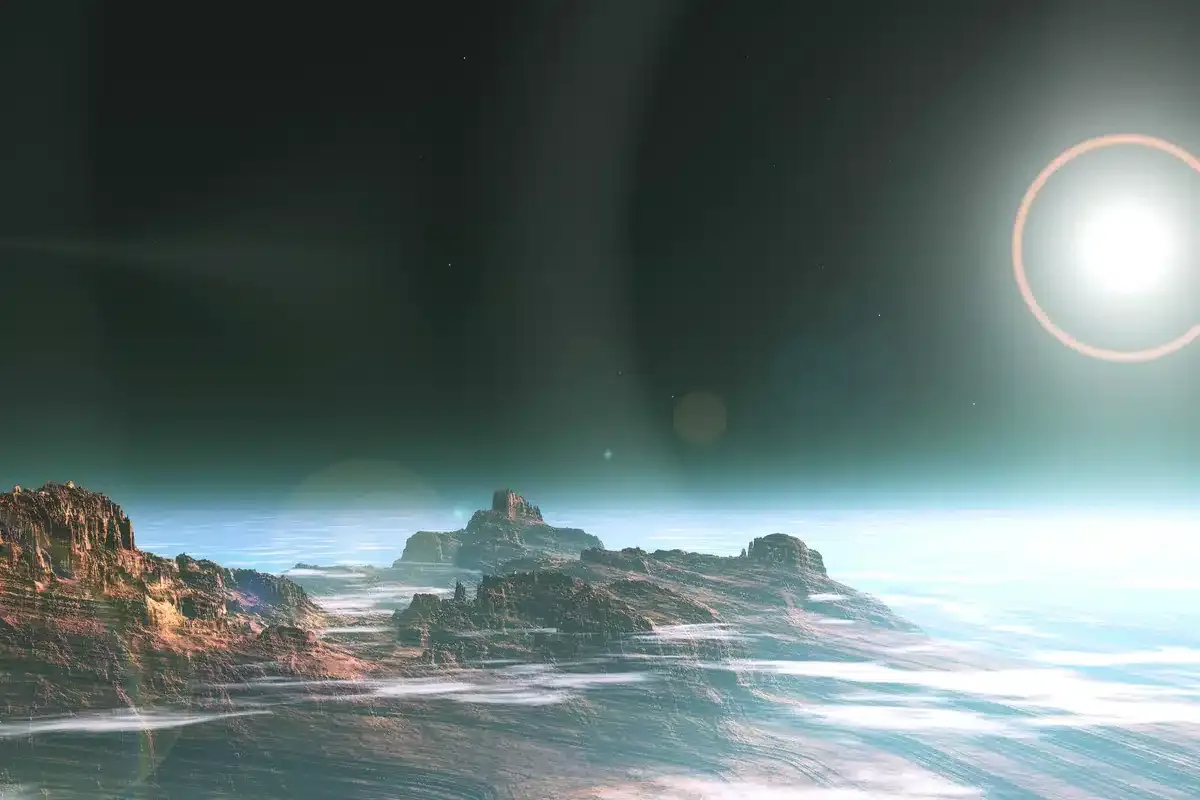 Ilustración de un paisaje rocoso junto a un mar helado bajo un sol brillante y un cielo verdoso
