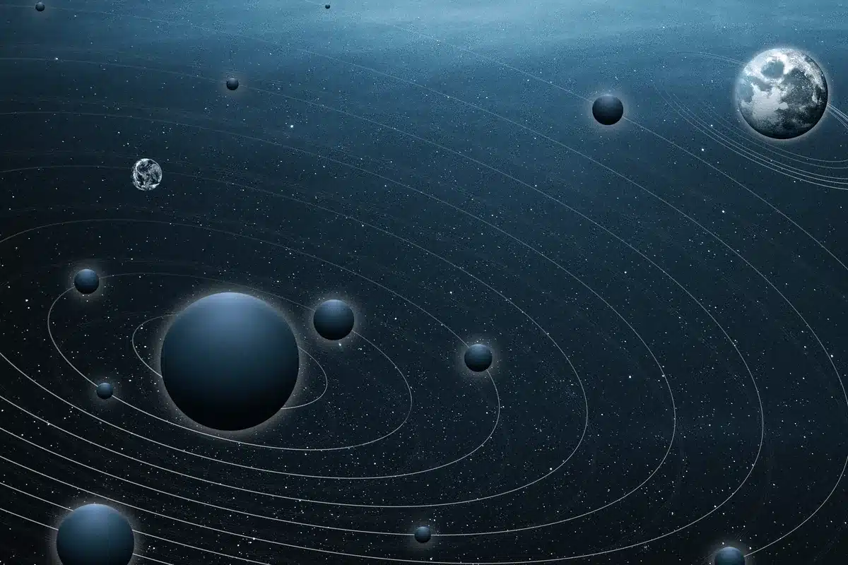 Ilustración de planetas y lunas oscuros en sus órbitas sobre un fondo azul