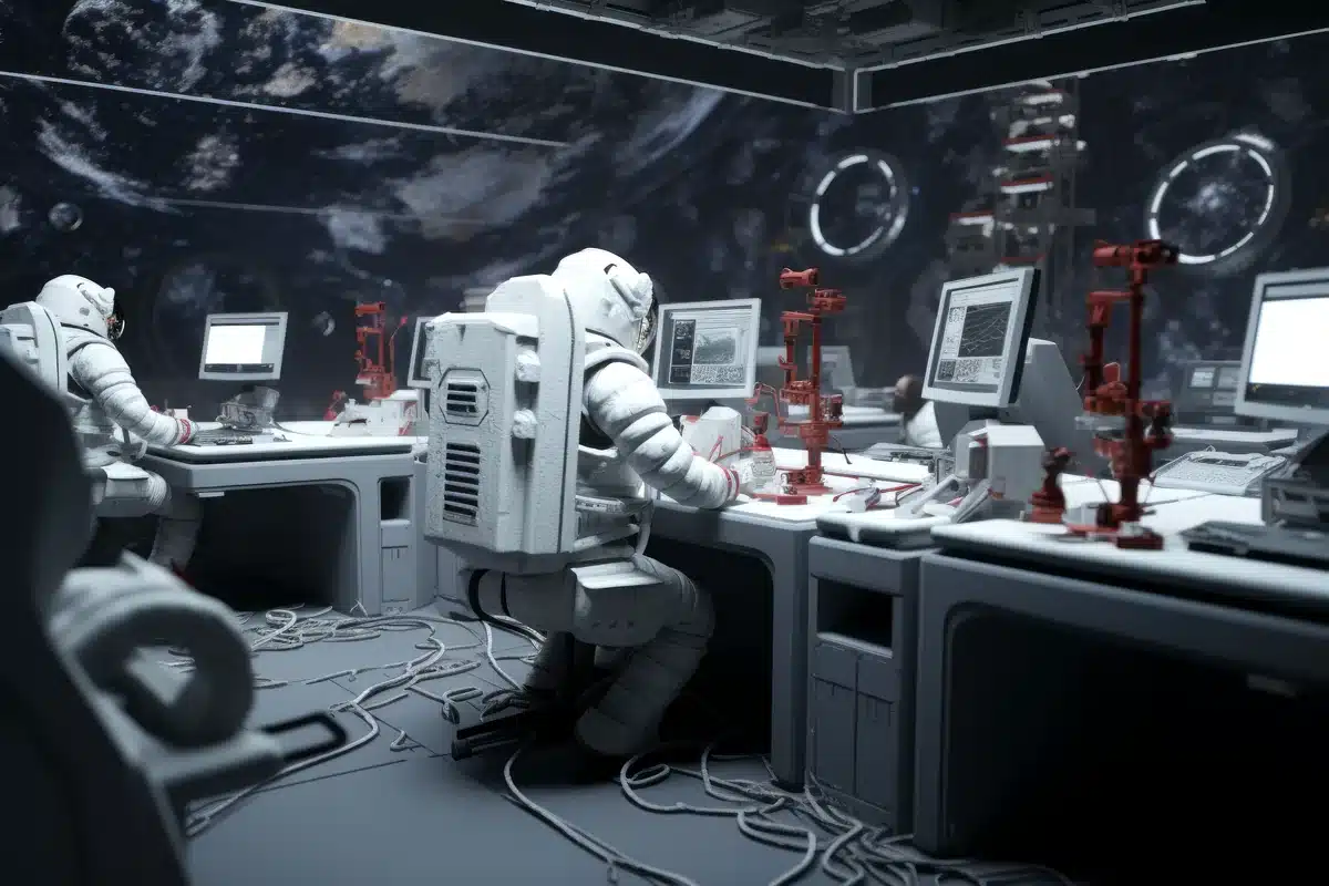 Ilustración de astronautas con traje espacial que trabajan frente a computadoras en un laboratorio