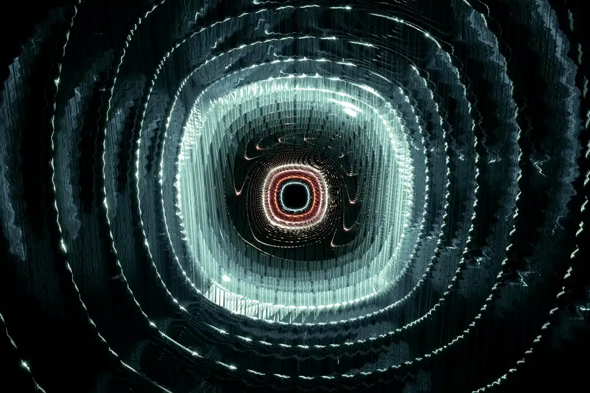 Ilustración abstracta de anillos concéntricos de luz verdosa que giran alrededor de un centro rojo