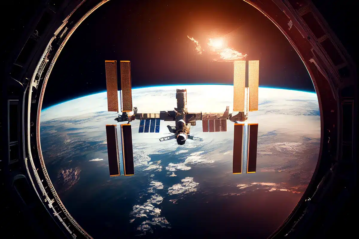 Ilustración de la Estación Espacial Internacional sobre la Tierra, vista a través de una ventanilla circular