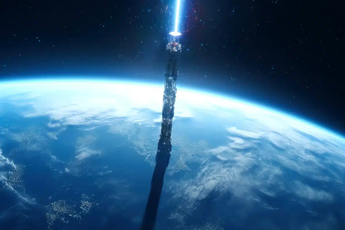 Ilustración de una torre que se eleva desde la Tierra hacia el espacio con un haz de luz azul
