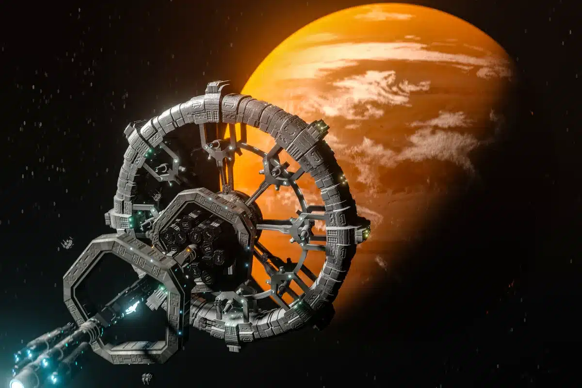 Ilustración de una estación espacial circular frente a un planeta anaranjado