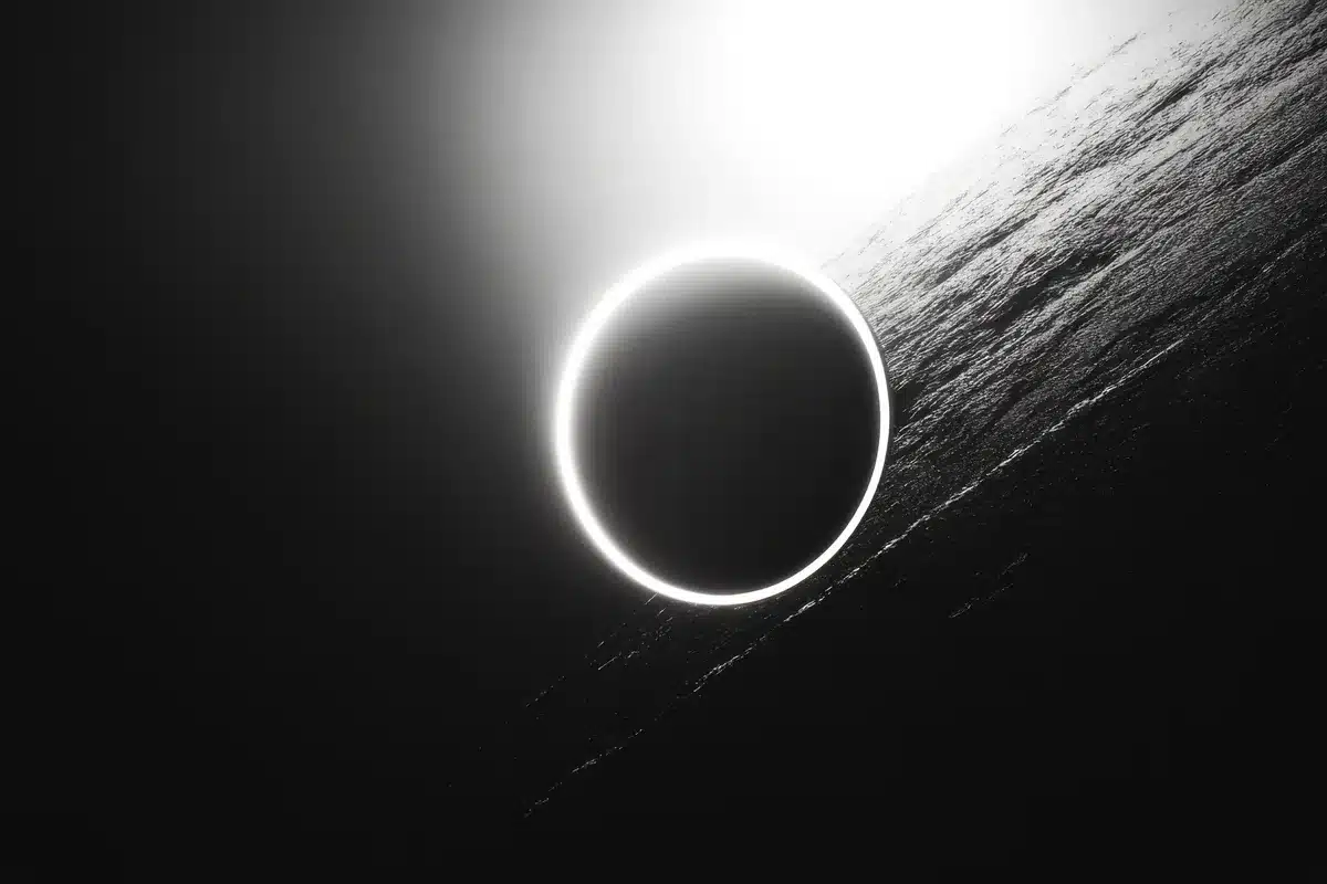 Anillo de luz blanca alrededor de un disco oscuro, en blanco y negro