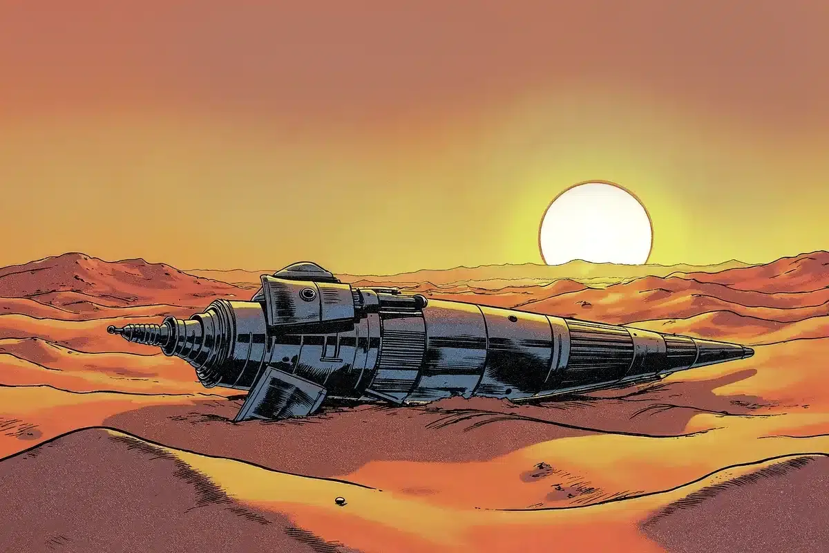 Ilustración en estilo de cómic de un cohete metálico caído en un desierto anaranjado al atardecer