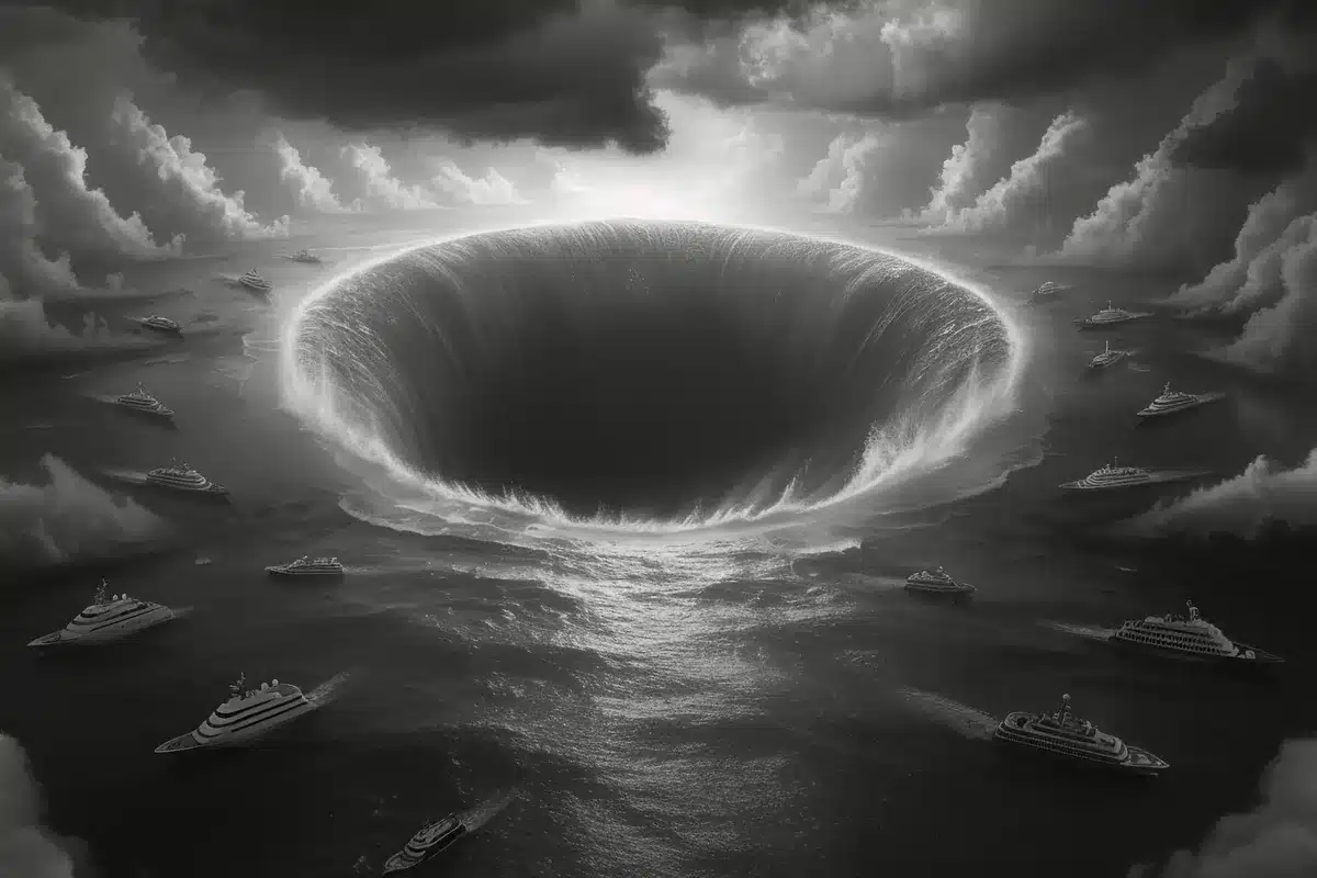 Ilustración en blanco y negro de un enorme remolino en el océano rodeado de barcos