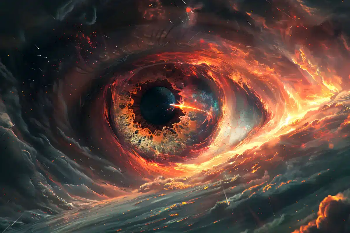 Ilustración de un ojo gigante formado por gas en llamas que gira alrededor de un centro oscuro