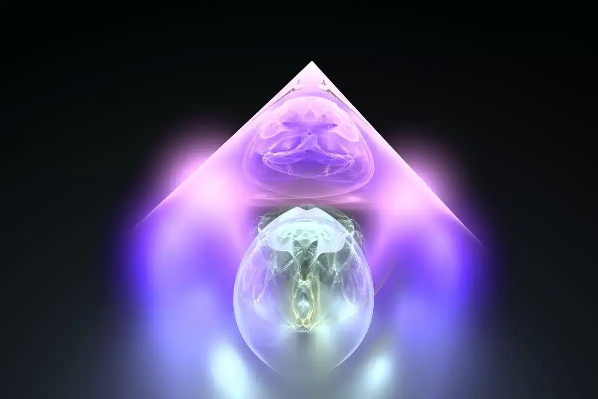 Ilustración abstracta de una pirámide translúcida con esferas violetas brillantes en su interior
