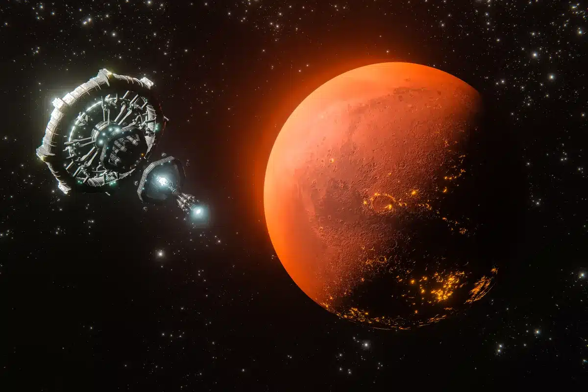 Ilustración de una estación espacial y una nave frente a Marte, con luces en su lado nocturno