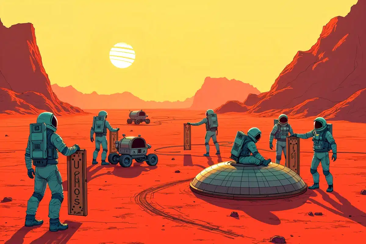 Ilustración de astronautas que montan un hábitat con cúpula junto a un vehículo en un paisaje desértico rojo