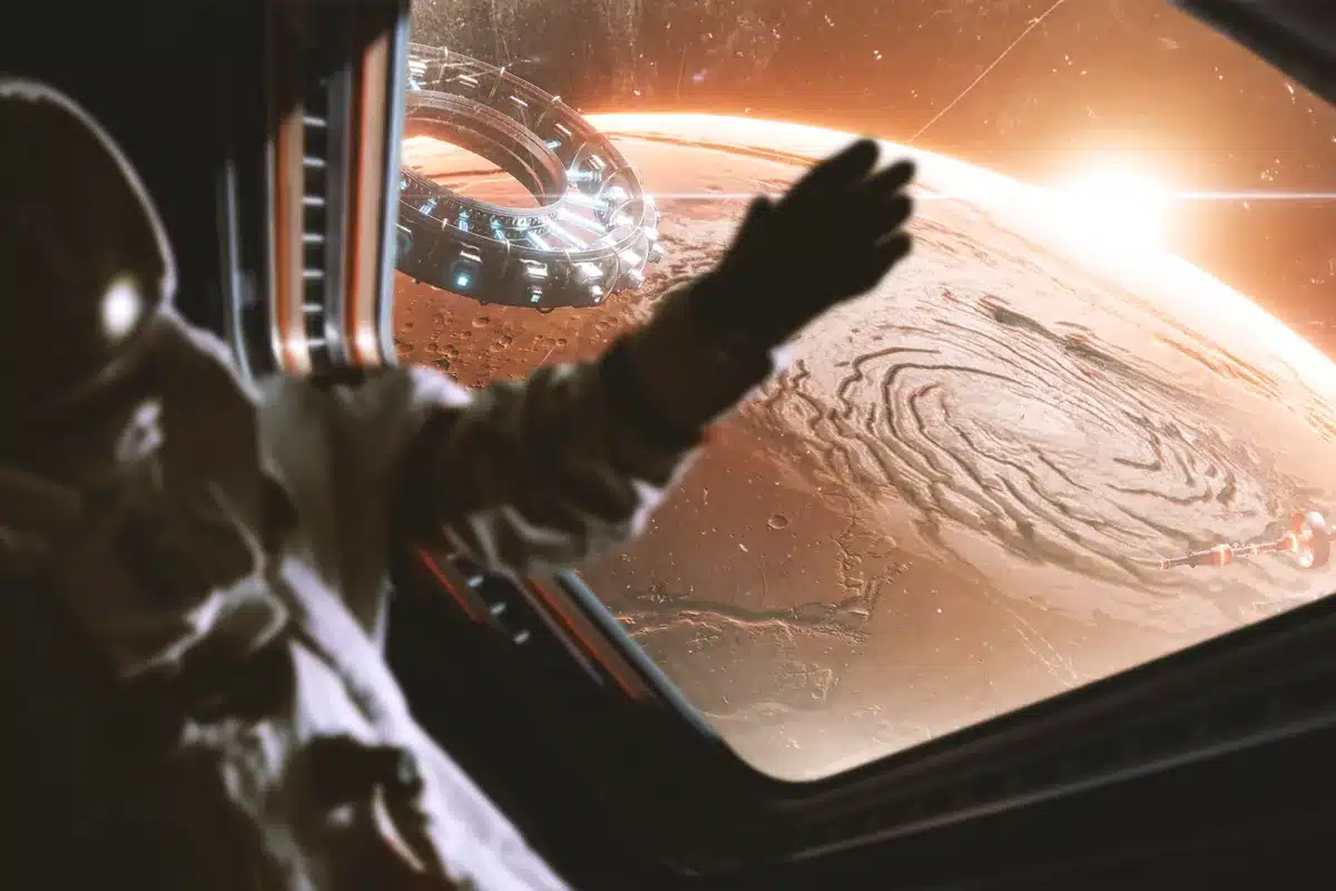 Ilustración de un astronauta que apoya la mano en la ventanilla de una nave frente a un planeta anaranjado