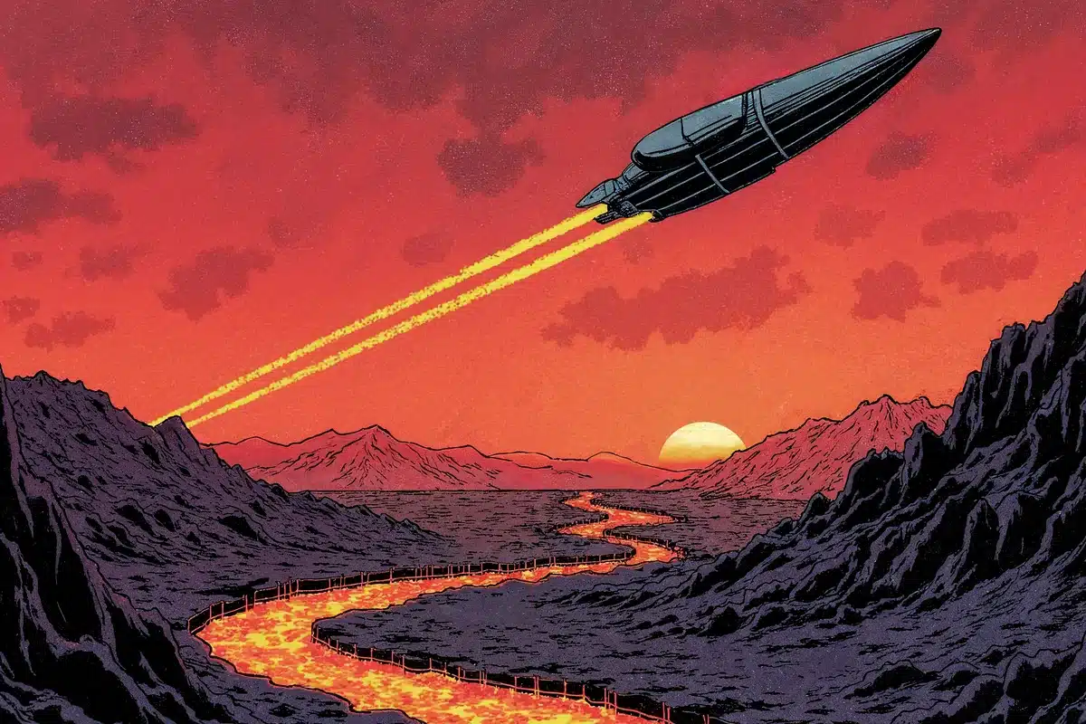 Ilustración en estilo de cómic de un cohete que vuela sobre un valle rojo con un río de lava