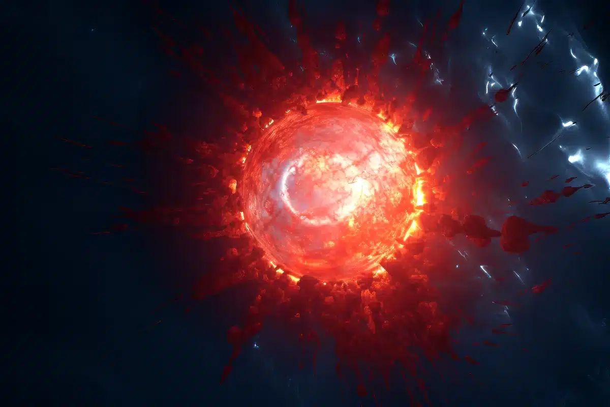 Ilustración de una estrella roja que estalla y lanza fragmentos al espacio