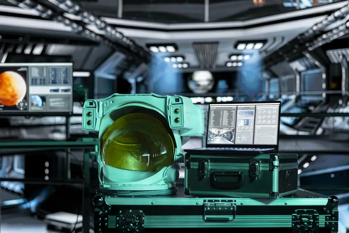 Ilustración de un casco de astronauta verde sobre una mesa con monitores dentro de una nave espacial