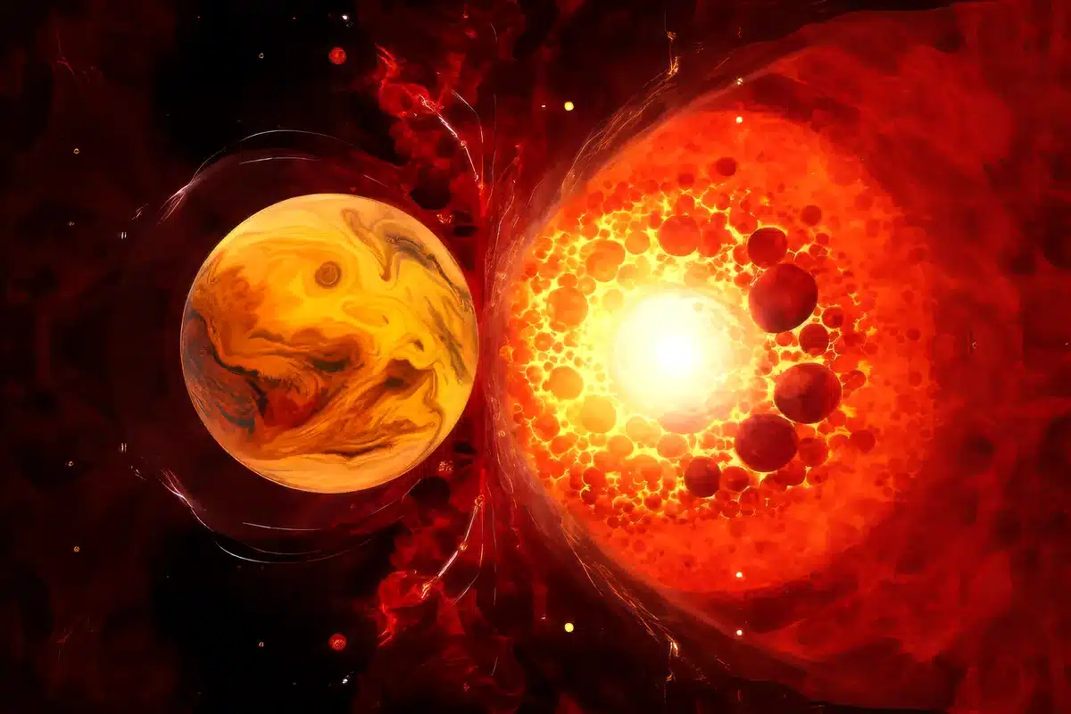 Ilustración de un planeta anaranjado junto a una estrella roja que estalla en burbujas de fuego