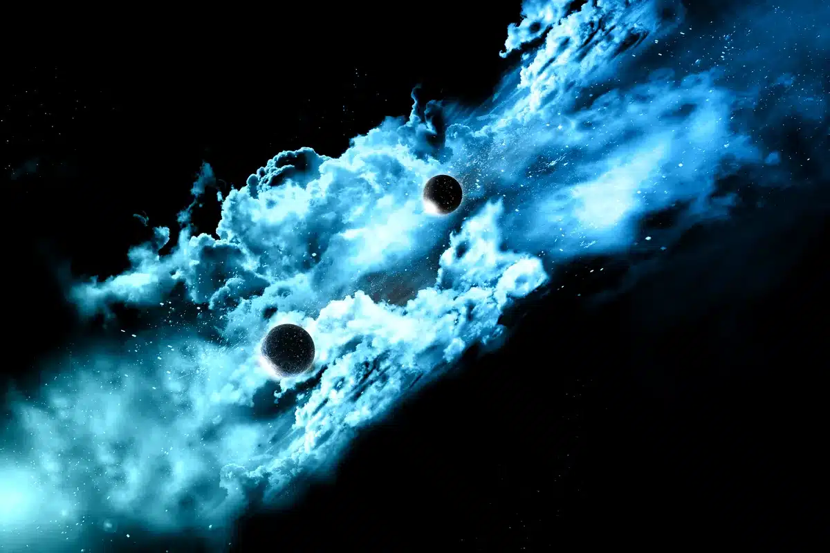Ilustración de dos planetas oscuros dentro de una nube de gas azul