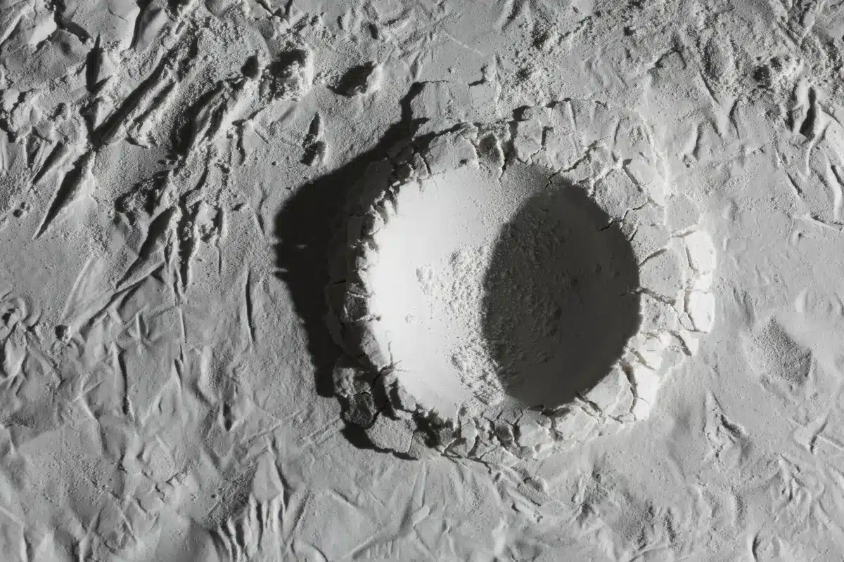 Cráter con una sombra profunda sobre una superficie gris, visto desde arriba