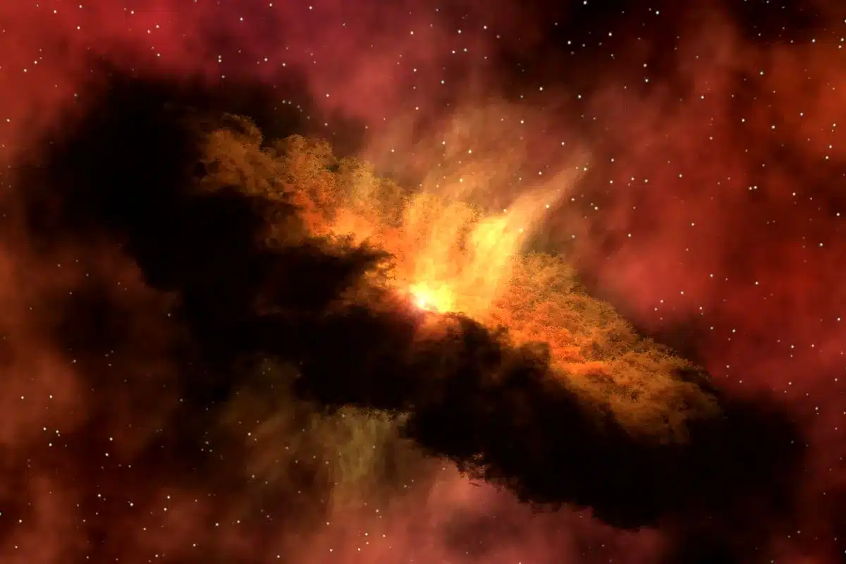 Ilustración de una nube de gas y polvo anaranjada con un punto brillante en el centro