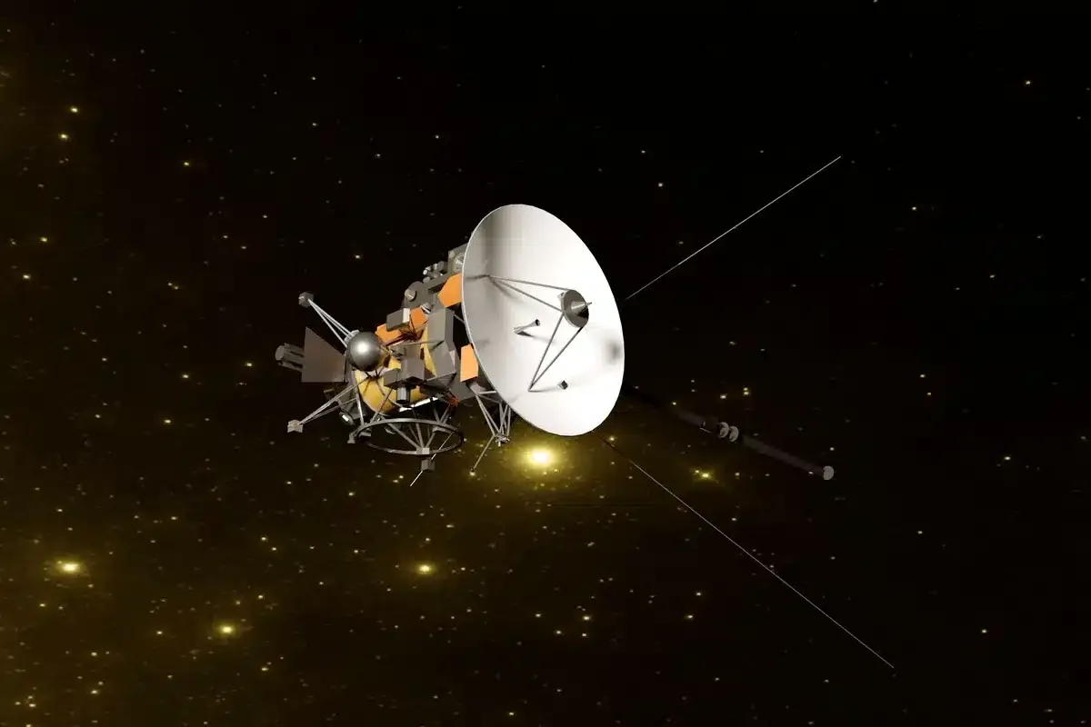 Ilustración de una sonda espacial con una gran antena parabólica entre estrellas